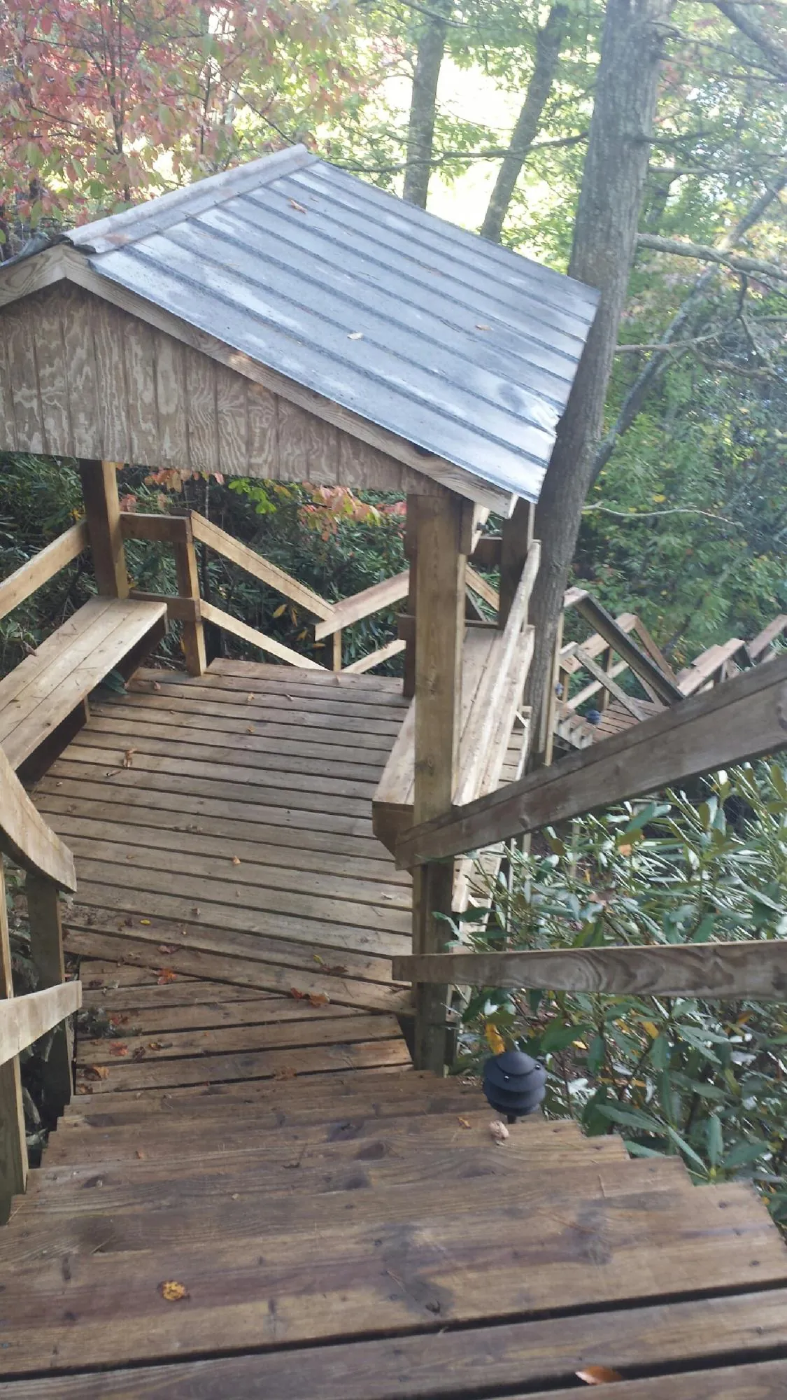 Metal roofed shelter over wooden steps on a wooded walkway — Skylight Repair & Installation work by our crew in Trout Lake